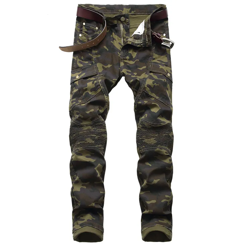 Camouflage Jeans Men Hip Hop Biker Sträckt Jeans Streetwear Pläterade Joggers Slim Mäns Skrapa Byxor Pantalones Hombre