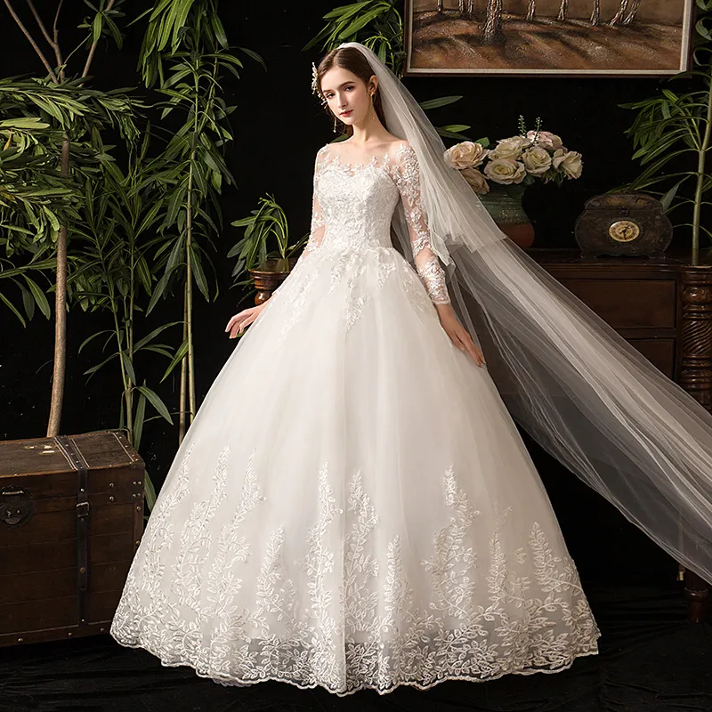 Nouveau automne luxe dentelle broderie à manches longues robes De mariée chérie élégant grande taille Vestido De Noiva robe De mariée étage D50