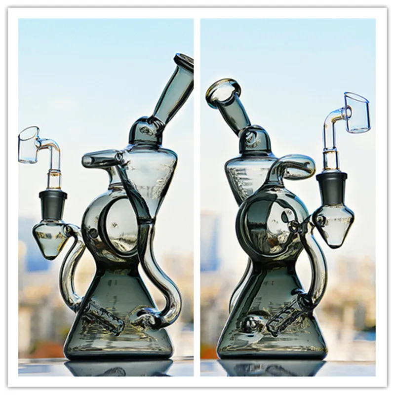 Grijze beker bong Zwitserse perc bubbler rookpijp gebogen water recycler dab rig met 14mm banger waterpijp ZEER uniek stuk glas