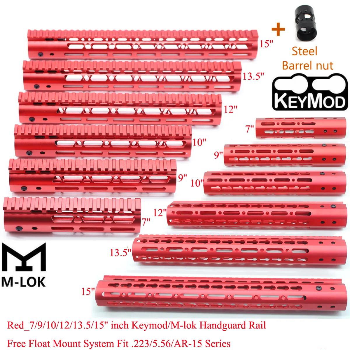 Taktisk 7/9/10/12/13,5/15 '' Inch Keymod/M-Lok Handguard Rail Free Float Mount System med stålfatmutter röd färg