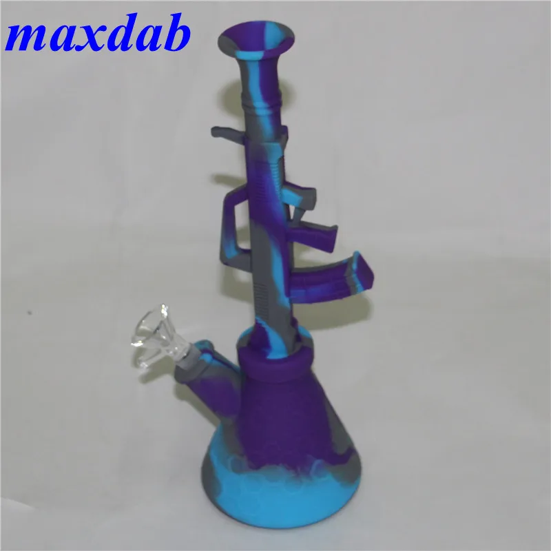 11 "Ny anländer AK47 Design Shisha Hookah Bongs Glass Dab Rig Silicone Bong Water Pipe med Tobacco Bowl Portable Hookahs Obrytbar matklass