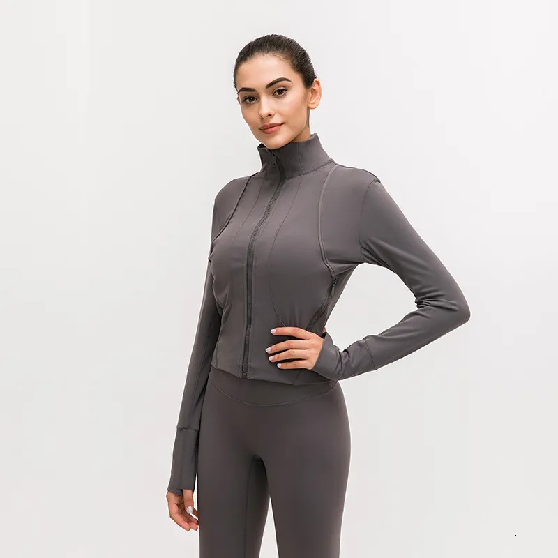 L-91 Jaqueta de corrida com zíper frontal Splice Casaco esportivo feminino Manga comprida Jaqueta para ioga Elastic Slim Top para ioga Camisa esportiva feminina