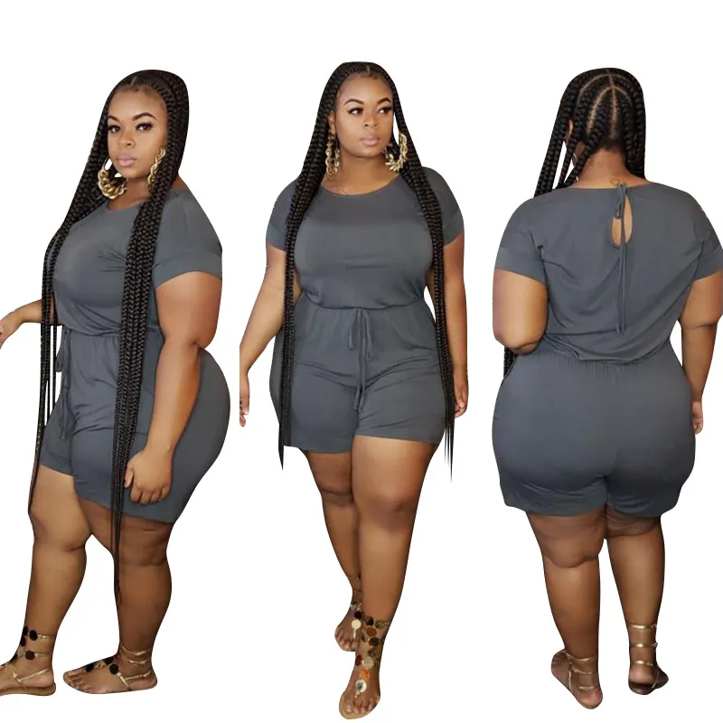 Plus Size Summer Women Sport PlaySuit Short Sleeve O-Neck Playsuits Short Jumpsuit Romper Overalls Solid Color Outfits Clothing1258w