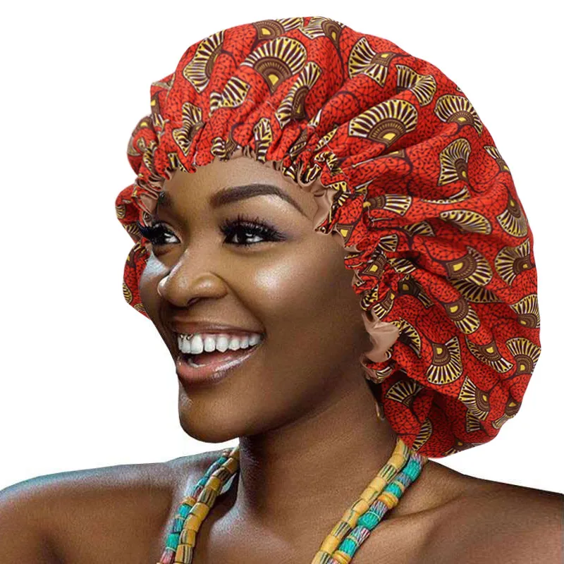 Nowy Extra Duża Podwójna Layer Night Sleep Cap Cap African Print Hair Bonnet Satin Lined Cap Hat Damska Turban Naklejki