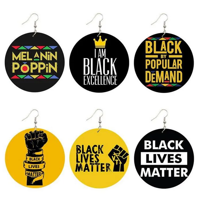 Black Lives Matter 트렌디 한 여성 프린트 쥬얼리 천연 나무 드롭 귀걸이 Melanin Poppin Afro Power Fist Pattern 12 쌍 무료 배송