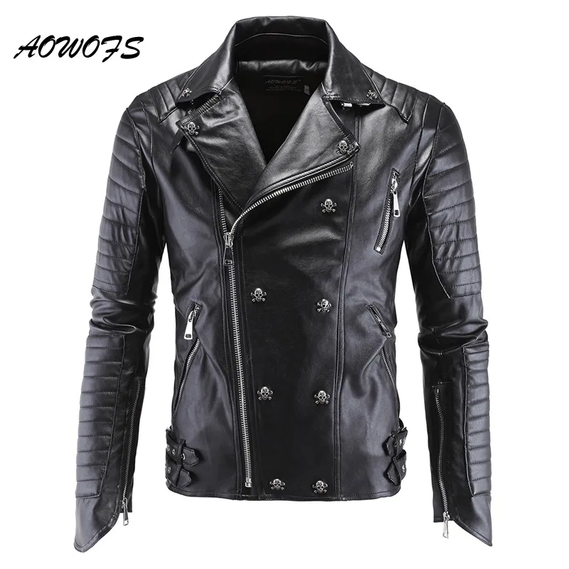 Aowofs Mens Läderjackor Svart Motorcykel PP Skull Leather Jackor Rivets Zipper Slim Fit Quilted Punk Jacket Biker Coat 5XL