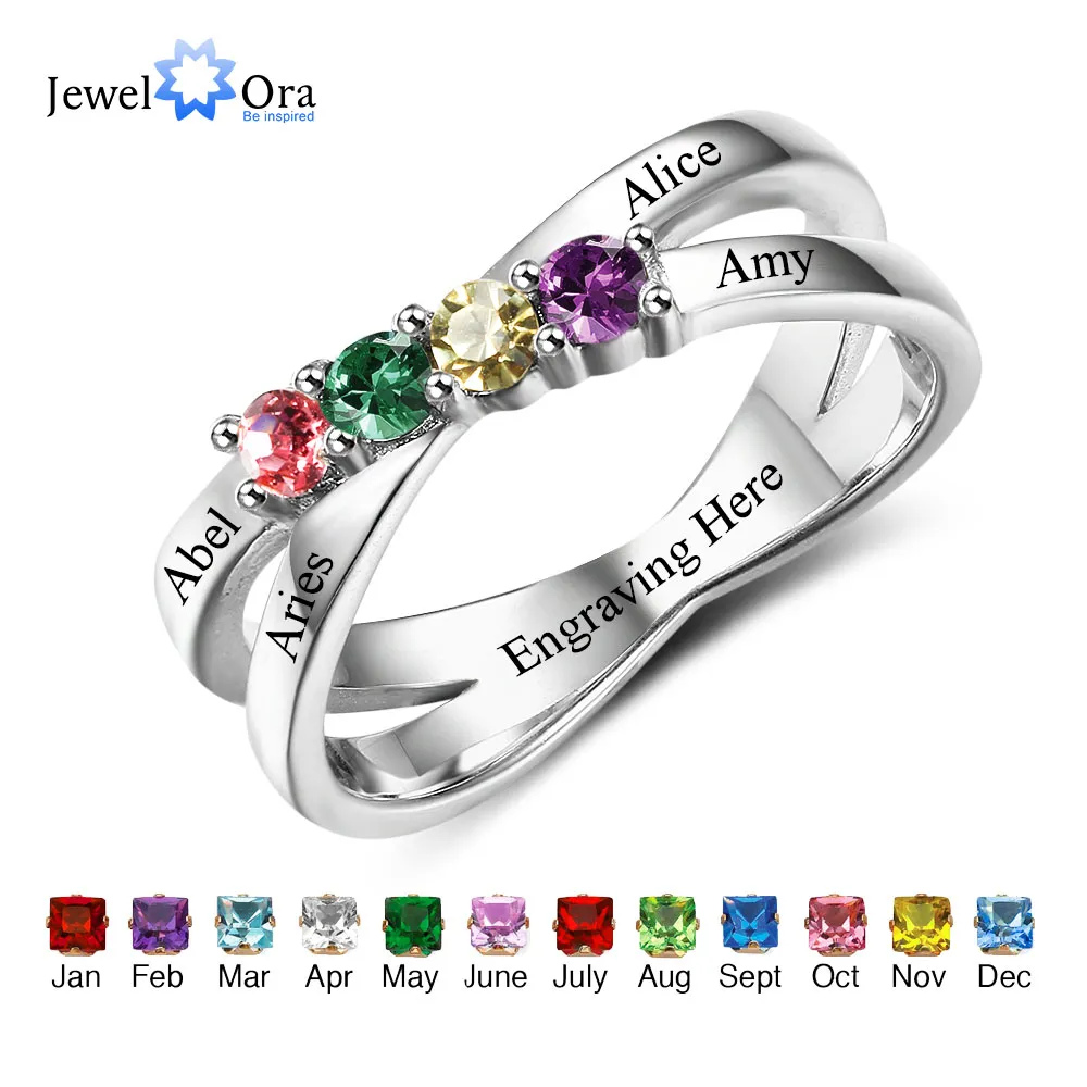 Family Friendship Ring Graver Namn Anpassad 4 Birthstone 925 Sterling Silver Mothers Ringar Gåva till MOM (Jewellora RI102509)