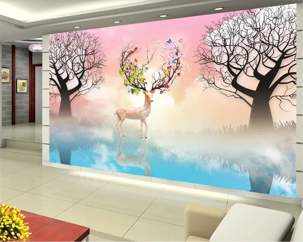 3d dier behang nordic eland bos fantasie landschap achtergrond muur woonkamer slaapkamer wandbekleding hd wallpaper