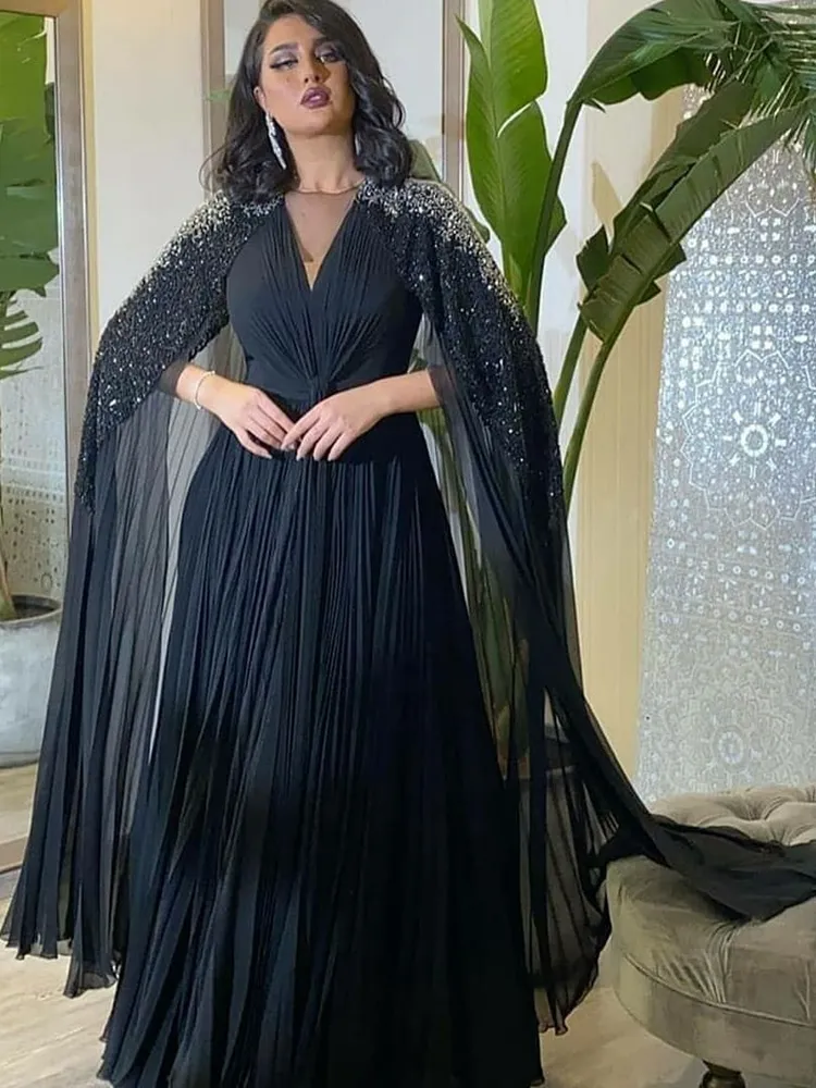 Aftonklänningar En linje 2021 för kvinnor Svart Tulle Beading Formell Prom Night Dress Saudiarabien Sexig Plus Storlek
