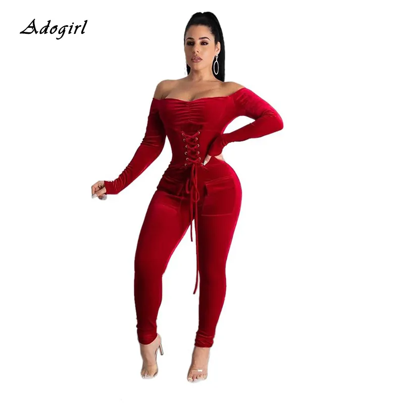 Elegante Off Ombro Jumpsuit de veludo Mulheres Manga Longa Lace Up Gromment Bodycon Jumpsuit Sexy Bandage Club Outfit Romper 2xL T200808