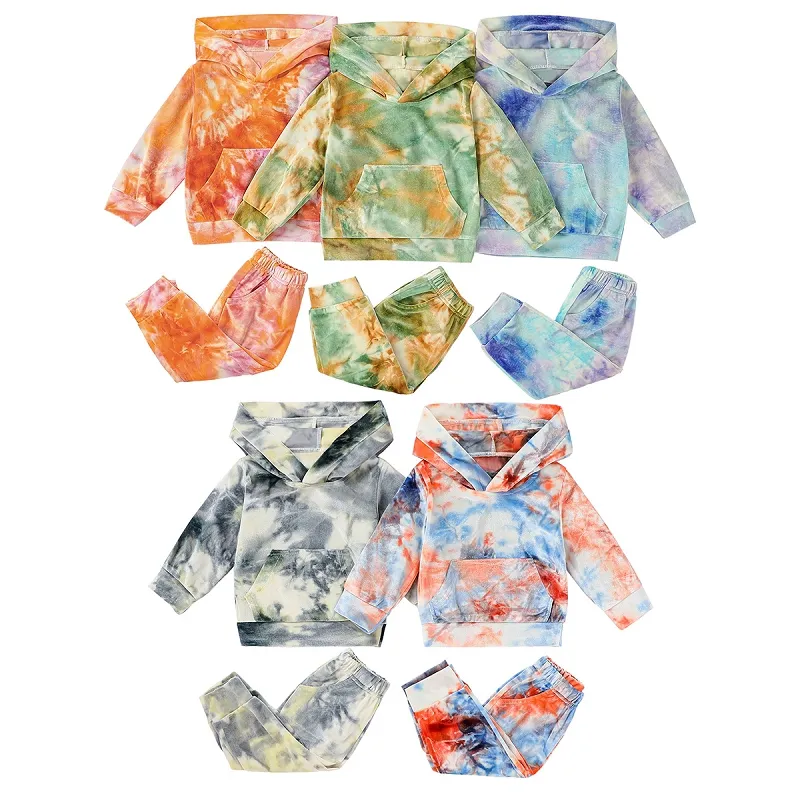 Autunno Abbigliamento per bambini Baby Velour Tie Dyed Set di abbigliamento Tasche per ragazze Maglione con cappuccio Top + Pantaloni 2 pezzi / set Boutique Abiti per bambini M2408