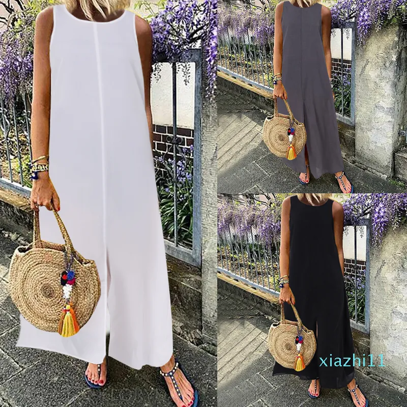 Hot Sale Plus Size Sundress 2019 Celmia Women Summer Sleeveless Maxi Long Dress Female Loose Loose Solid Maxi Dress Holiday Vestido Robe