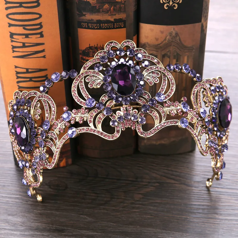 Purple flower crystal tiara bridal for wedding bride gold color rhinestone crown headband jewelry hair accessories Y200807