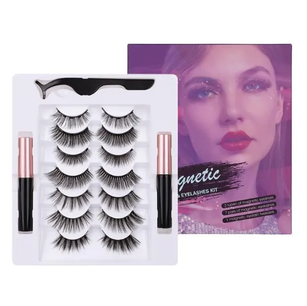 Tjocka naturliga magnetiska falska ögonfransar 7 par uppsättning med magnet flytande eyeliner + fransar tweezer handgjorda falska ögonfransar ögonmakeup dhl gratis