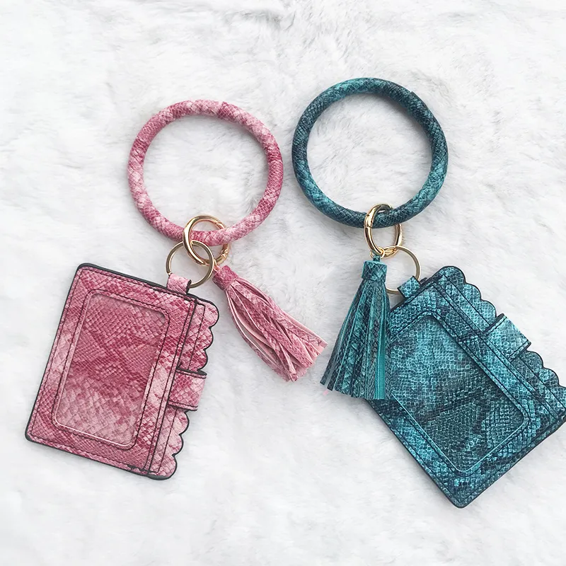 Tassels Keychains 신용 카드 홀더 가방 PU 가죽 뱀 가죽 곡물 인쇄 팔찌 ID 카드 지갑 키 링 키 체인 변경 제로 지갑