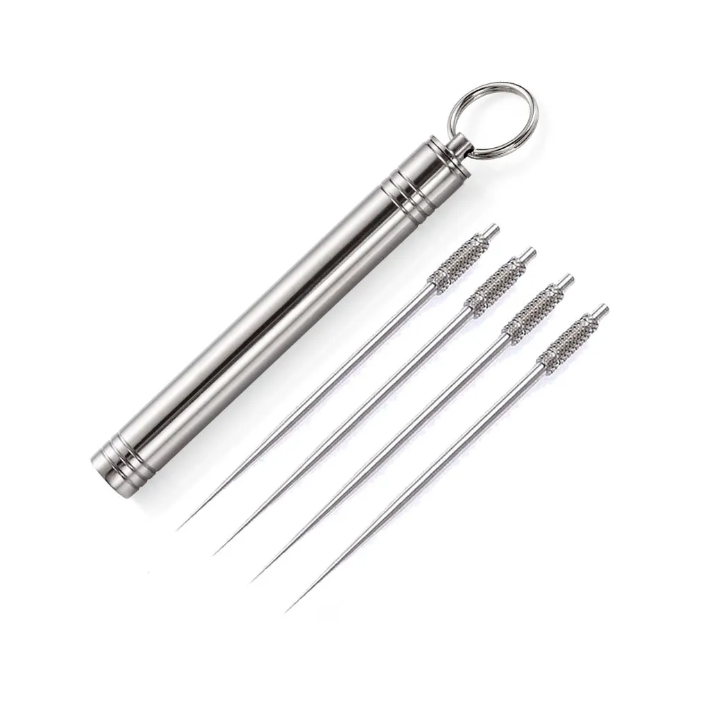 Fashion Keychain Portable Titanium Steel Metal Pocket Toothpick Holder med Traveling Key Chain Tooth Picks Box