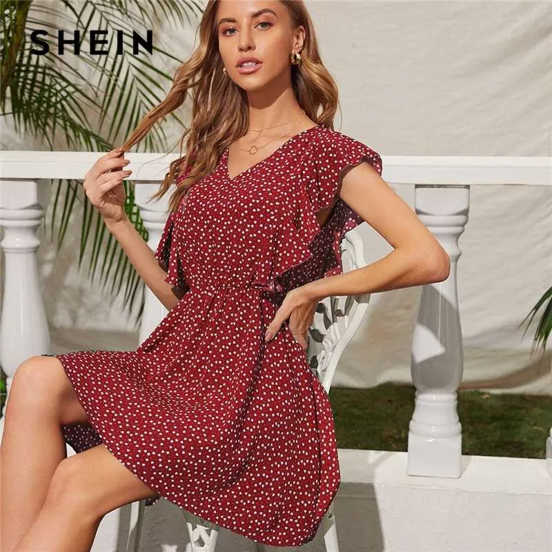 Shein Verde Confetti Coração Imprimir Tie Voltar Ruffle Armhole Mulheres  Vestido De Cintura Alta V Pescoço De Uma Linha De Verão Boho Vestidos Curtos  De $243,74