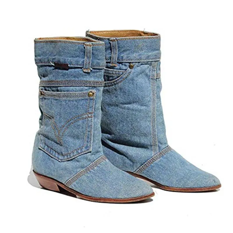 Women s Low Heel Denim Casual Cowboy Boots Autumn Winter Fashion Denim Booties for Ladies