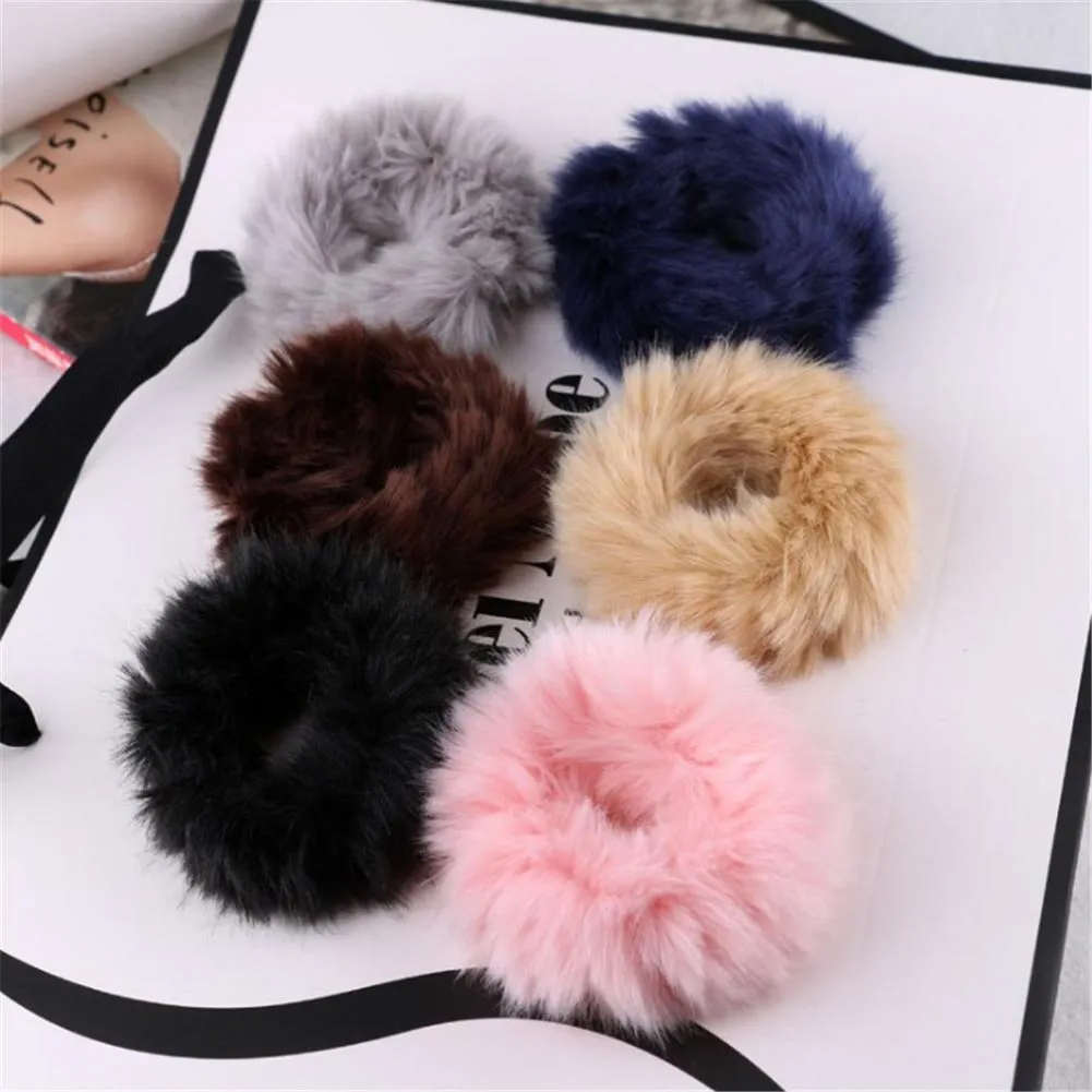 Soft Fluffy Faux Fur Fuzzy Noble Hairband Scrunchie Elastic Hair Ring Rope Hair Accessories Elastic Beige Pink Hair Bands