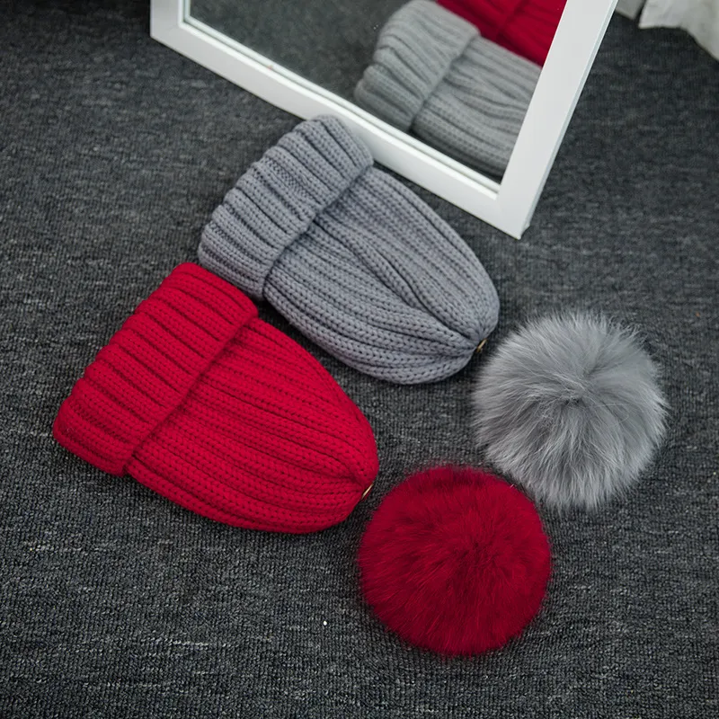 Bonnets côtelés unis de styliste avec boule de fourrure de renard amovible, tricotés en acrylique, chapeaux chauds d'hiver, 3 tailles pour bébés enfants adultes Slo236R