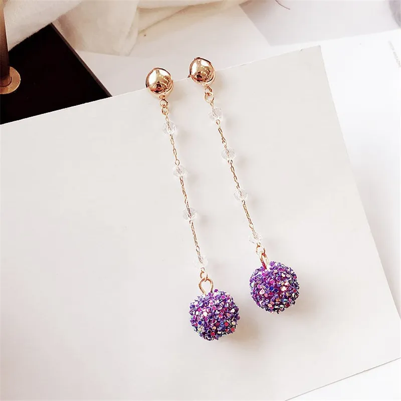 Japan And South Korea New Color Ball Crystal Earrings Temperament Simple Long Ear Clip Personalized Versatile Earrings Wholesale