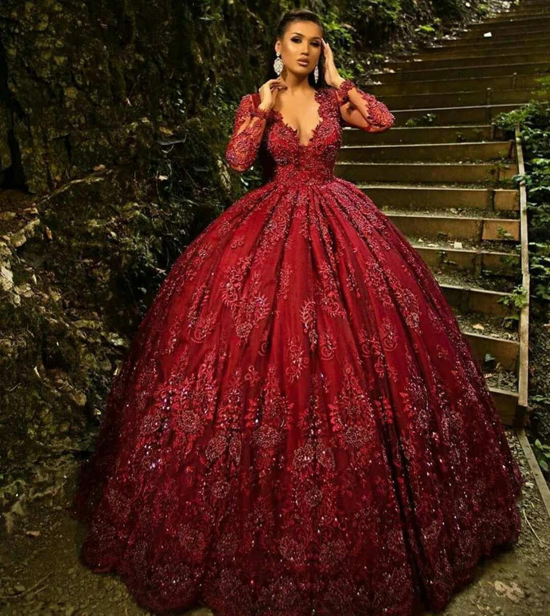 Vestido de fiesta rojo oscuro Vintage, Vestidos de quinceañera 2021, Vestidos de graduación de encaje de manga larga con cuentas, cuello en V, vestido dulce 16, Vestidos de 15 anos