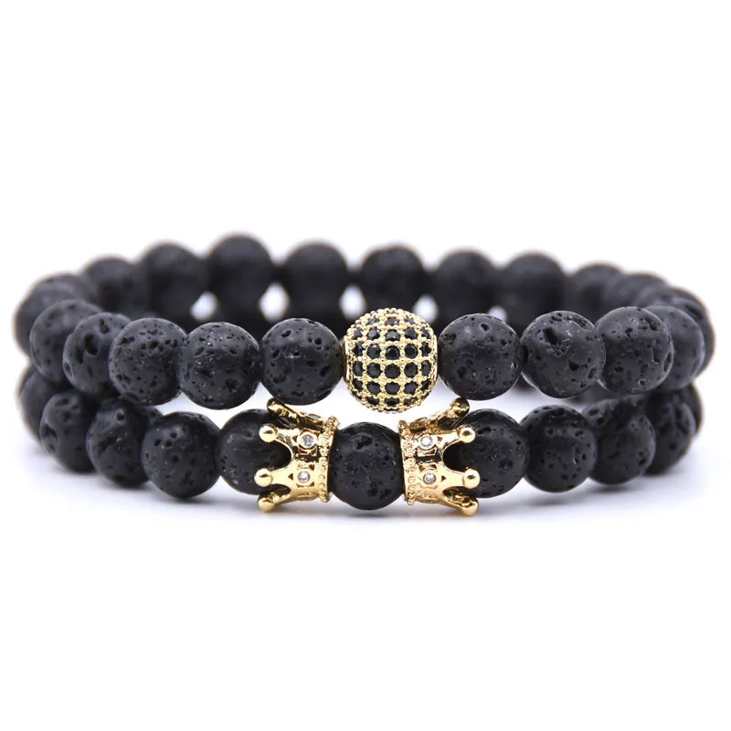 Nouveau Bracelet Couple de mode 2 Morceau Ensembles Hommes Bijoux 8mm Naturel Naturel Pierre de lave Micro-Inlay Zircon Charm Crochet Bracelets pour femmes