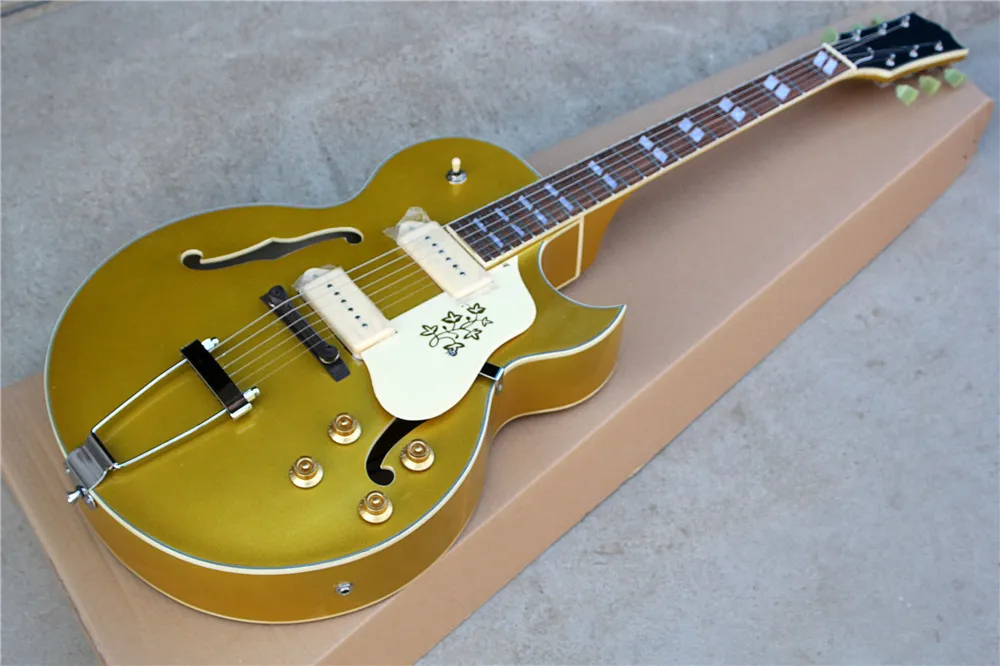 Factory Custom Hollow Gold elektrische gitaar met chromen hardwares, witte binding, witte slagplaat, kan worden aangepast