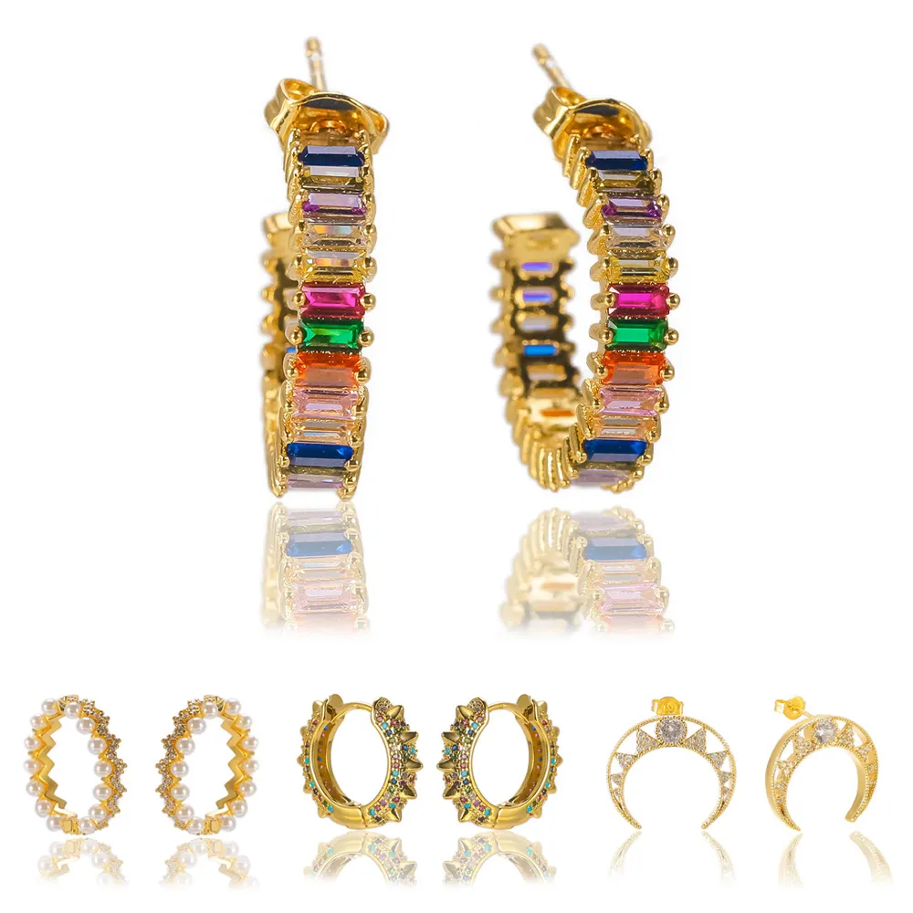 Isang vente chaude couleur arc-en-ciel CZ pierre boucle d'oreille en or 18 carats haute qualité zircon cubique diamant boucle d'oreille avec boîte à bijoux