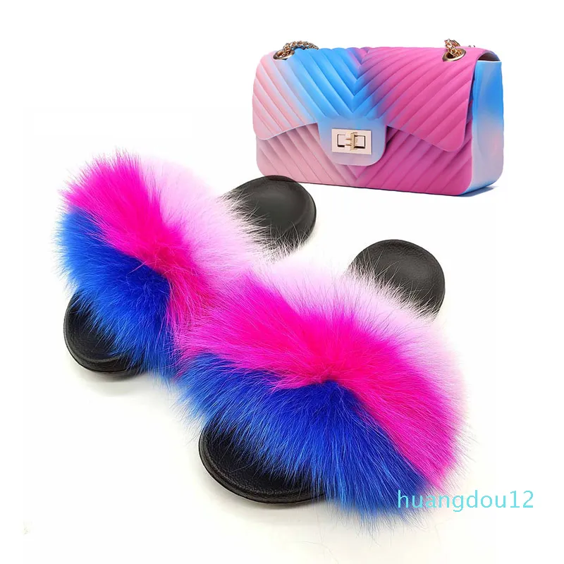 Vente chaude- Mode Dames Fourrure Diapositives V Vague Jelly Purse Set Femmes En Plein Air Casual Furry En Peluche Pantoufles Arc-En-Couleurs Sacs À Bandoulière