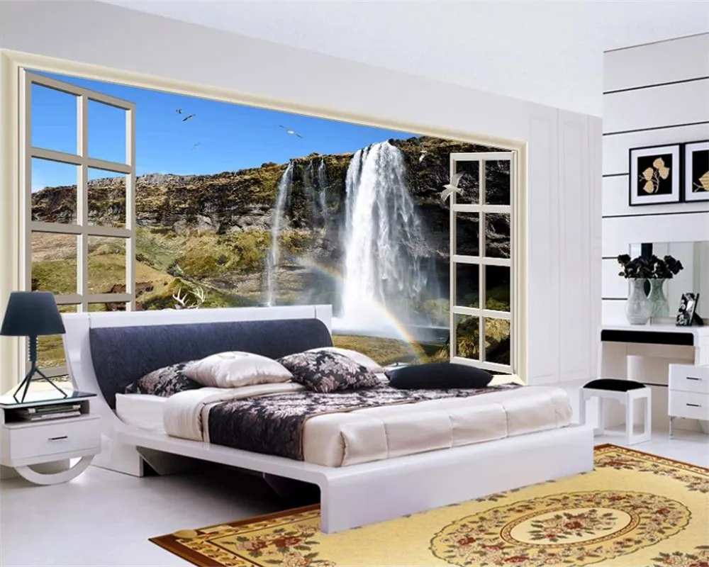 Romantisch Landschap 3D Wallpaper HD Fantasie Waterval buiten het venster Decoratie Schilderen 3D Landschapsbehang