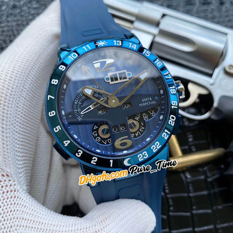 New Executive Perpetual Calendários El Toro 326-00-3 / BQ Azul Dial Automatic Mens Watch PVD Blue Steel Caso Rubber Strap Relógios Pure_time
