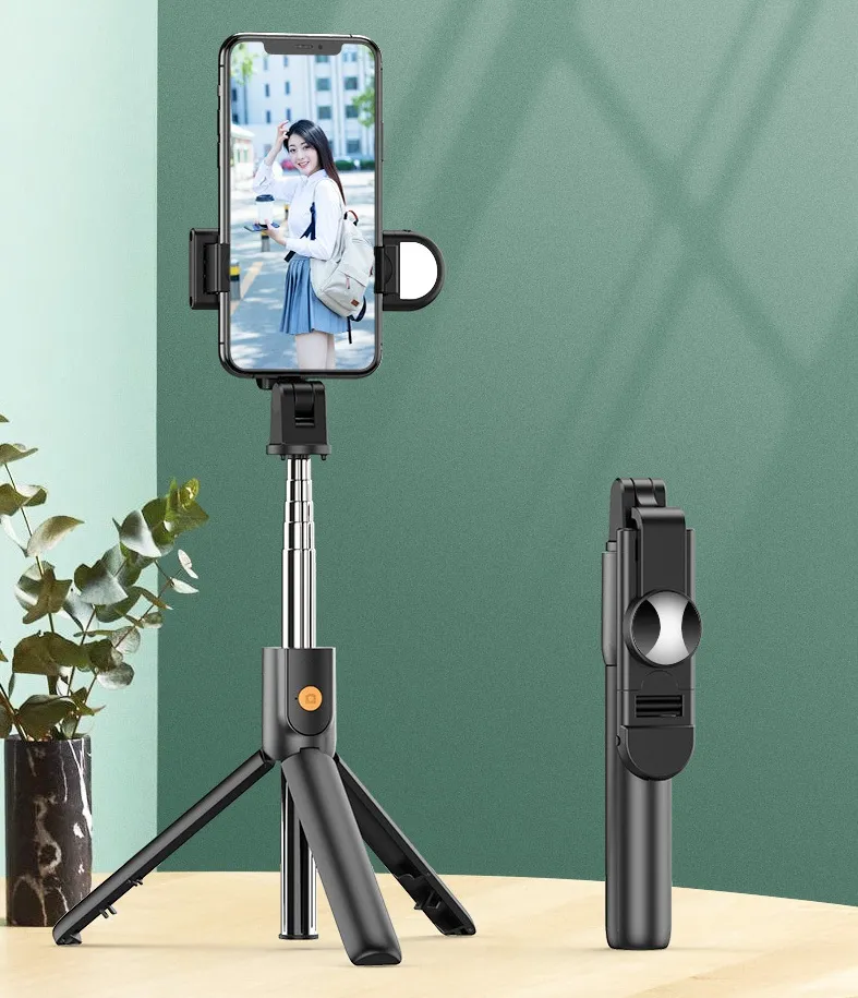 K10S Bezprzewodowy Bluetooth Selfie Stick z napełnianiem Light Lustro Tripod Składany Monopod Handheld dla Smart Telefon 200 sztuk / partia Crexpress