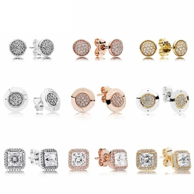 NEW 100% 925 Sterling Silver & Rose Gold Color Forever Stud Earrings With Clear For Women Original Fine Jewelry Gifts