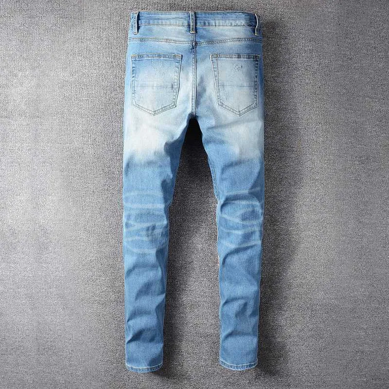 Männer Gedruckt Patch Design Patchwork Dünne Dünne Jeans Streetwear Löcher Ripped Stretch Denim Pants201b