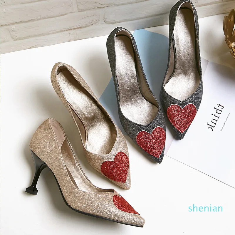 Wholesale-Cheap and High Quality Supplier Glitter Heart Shaped Pointed-toe High Heels Slip-on Pumps Women's Dress Shoes