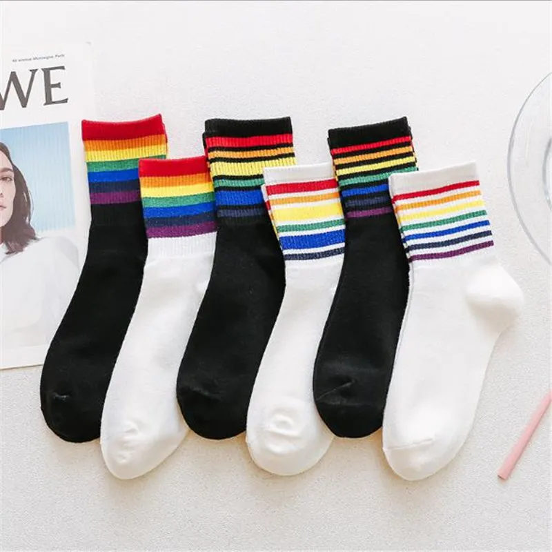 Rainbow Socks Women Autumn Candy Colors ins South Korea Zhongtong Tide Net Red Stripe Cotton Socks Street Socks