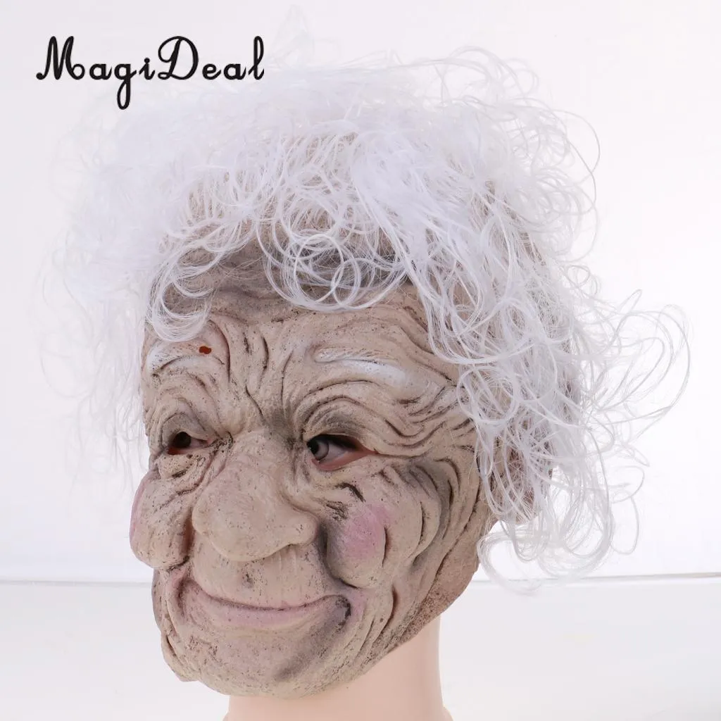 Magideal ful halloween latex full framsida mask skrynklig gammal kvinna häxa mask mormor grå hår kostym prop karneval party y200103