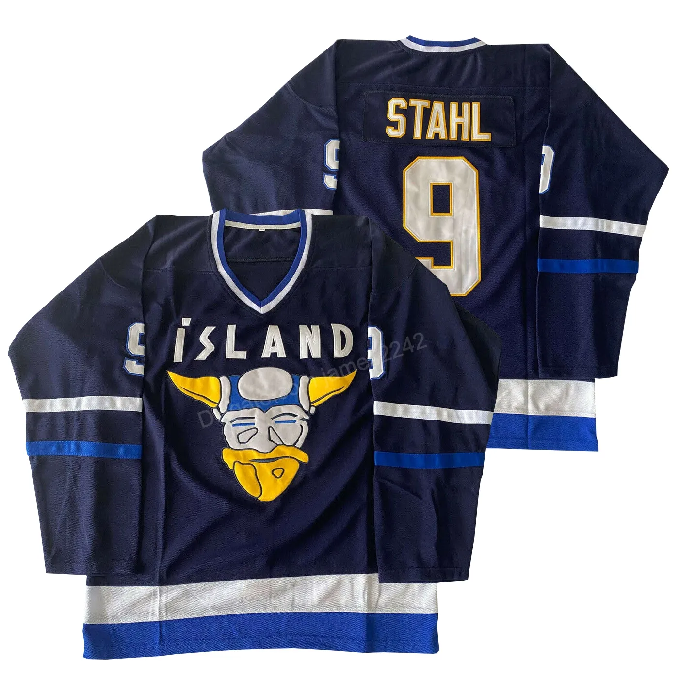 Aangepaste Mighty Ducks Gunnar Stahl # 9 Ice Hockey Jerseys IJsland Jersey Heren Borduurwerk Blauw Elke naam of nummer