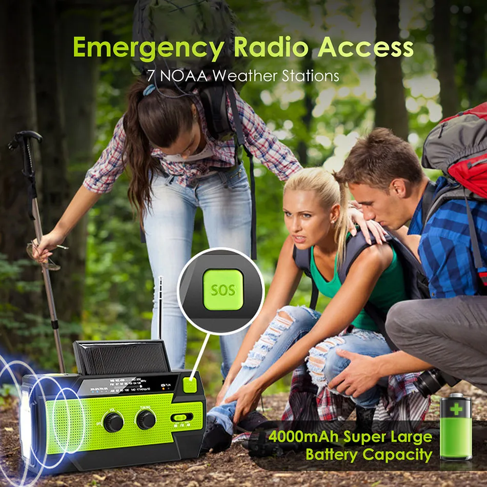 Freeshipping Weather Radio Emergency Solar Hand Crank Självdriven 3AAA Batterilampa IPX3 Vattentät 4000mAh Power Bank