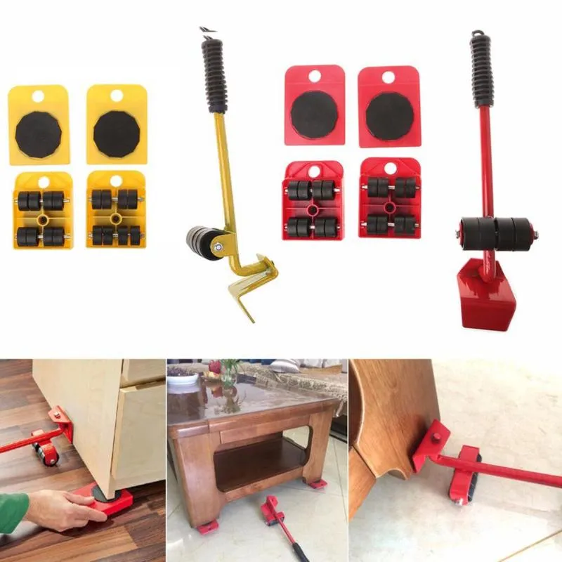 Set di strumenti per la movimentazione di mobili Sollevatore per il trasporto di mobili Strumento per lo spostamento di oggetti pesanti Rullo per movimentazione a 4 ruote + 1 set di utensili manuali per barra ruota