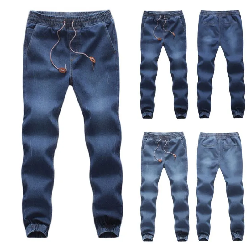 Мужские осенне-зимние бегуны, модные новые мужские повседневные осенние джинсовые хлопковые эластичные рабочие брюки с завязками, джинсовые брюки