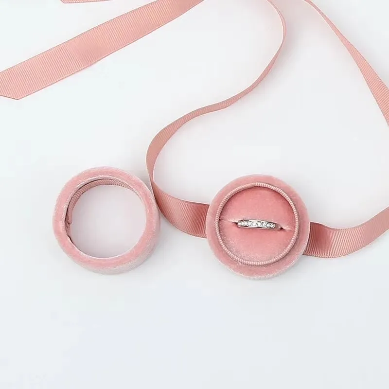 Caixa de embalagem de joias inteira em veludo rosa com laço redondo para pingente de anel e colar CX200716312N