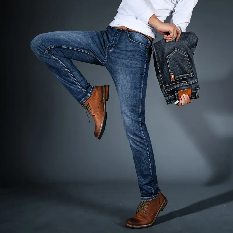 Mäns jeans 2021 Cholyl Men Midweigth Stretch Spandex Denim Slim Fit Pants for Business Jean Blue and Black Colors244G