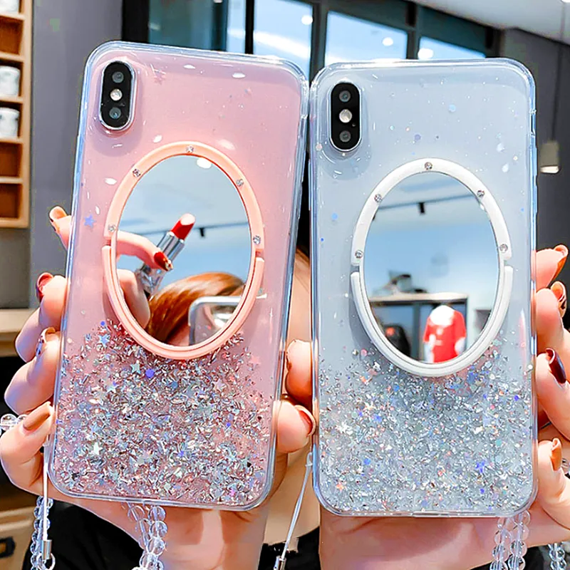 Lüks Glitter Sequins Makyaj Aynası İpi Telefon Kılıfı Için iPhone 11pro Max SE XS Max X 6 7 8 Artı Gümüş Folyo Tutucu Yumuşak Kapak