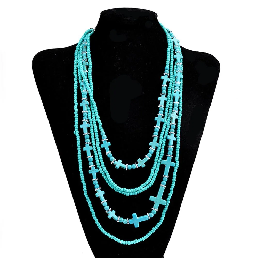 Colliers multicouches avec croix Turquoise, mode bohémien, ras du cou en pierre, bijoux cadeau pour femmes, rétro, perles de verre, chaîne, accessoires de collier de perles