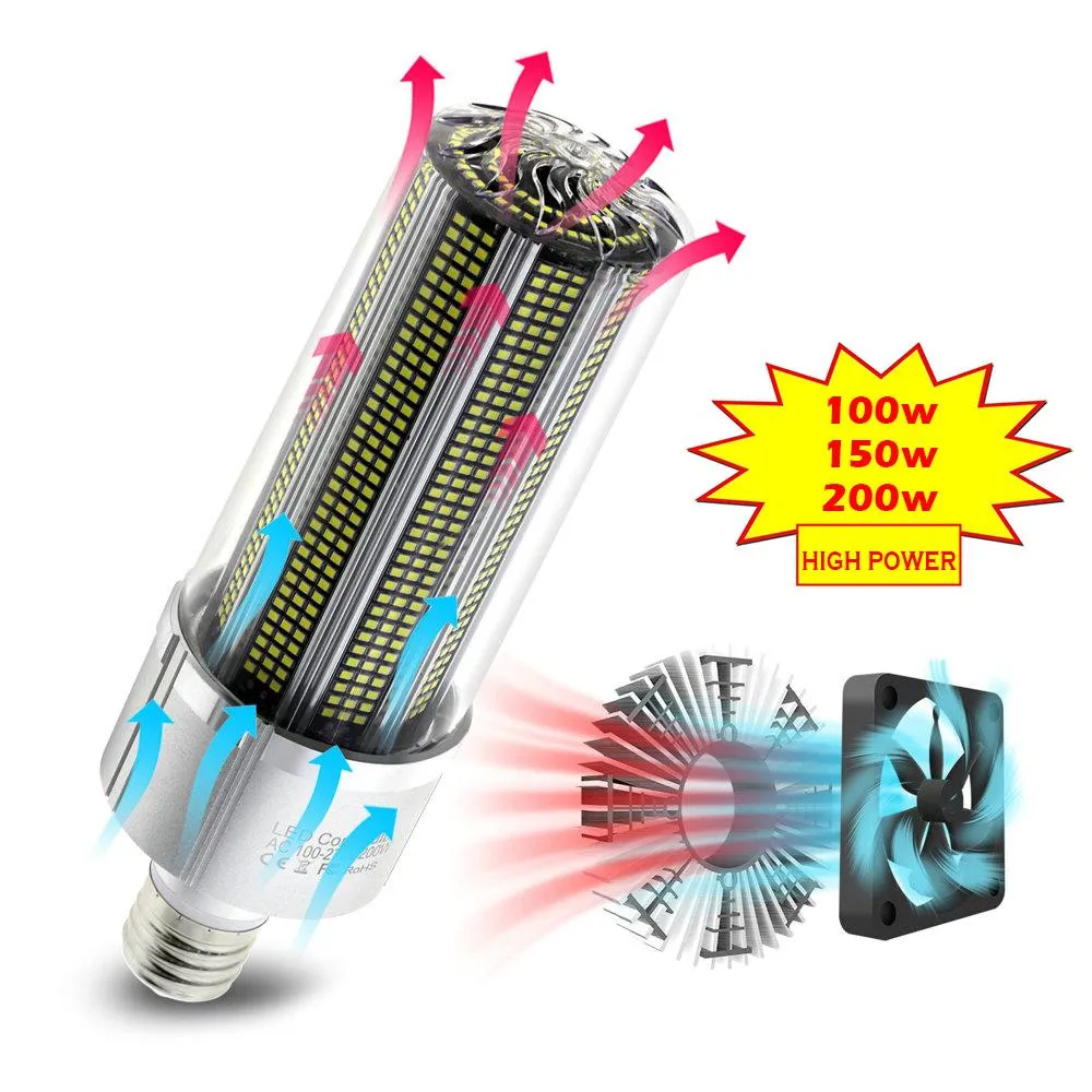 Lampadina LED E27 ad alta potenza 100W 150W 200W Lampadina a mais 2835 super luminosa Lampada a LED Ventola di raffreddamento incorporata per magazzino 123