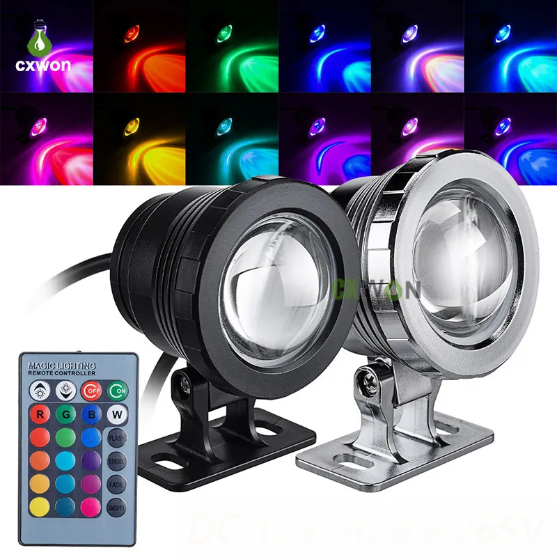 Lumières sous-marines à LED RVB changeant de couleur submersible lumières LED AC85-265V DC12V 5W 10W IP67 lumières de piscine pour piscine d'étang de fontaine de jardin avec télécommande 24 touches