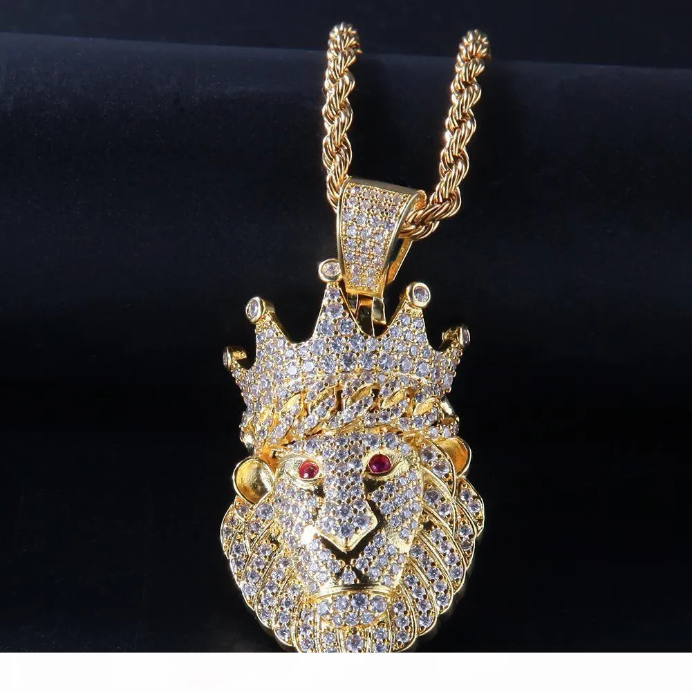 New Fashion Gold & White Gold Iced Out CZ Cubic Zirconia Crown Lion Mens Necklace Chain Designer Luxury Full Diamond Hip Hop Jewelry for Men
