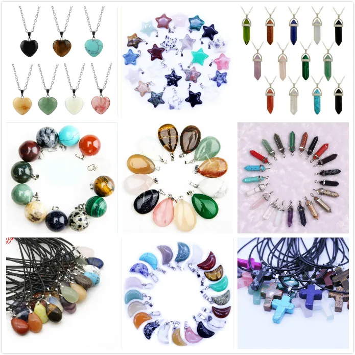 Natural Stone Pendants Necklaces Star Moon Six Prism Cross Water Drop Healing Crystals Amethyst Quartz Bead Chakra Healing Point Necklaces